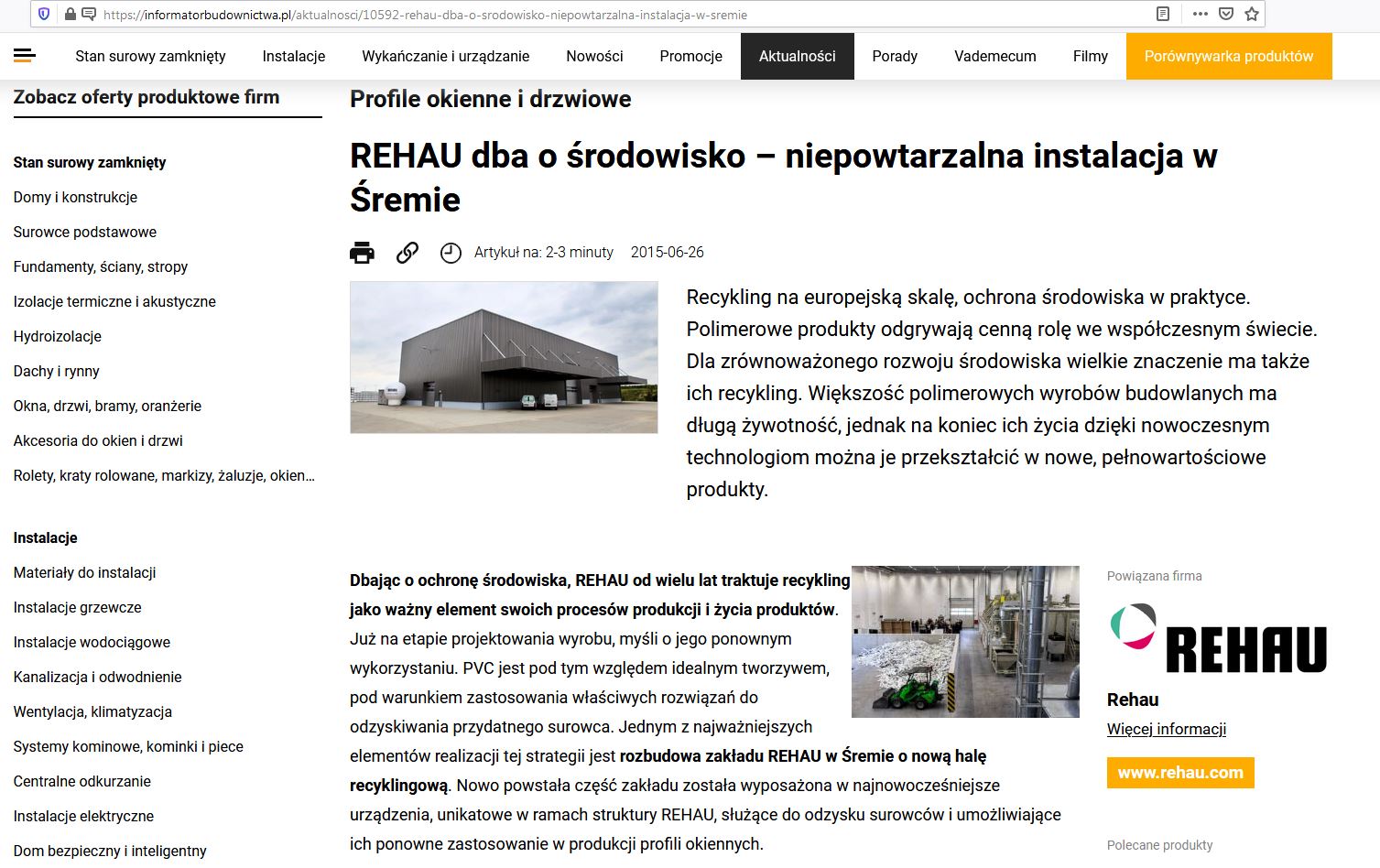 Projekt przemysłowy - hala recyklingu zakładu Rehau w Śremie