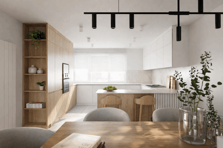 Projektowanie wnętrz mieszkania w stylu nowoczesnym – jasne beże i drewno, Śrem