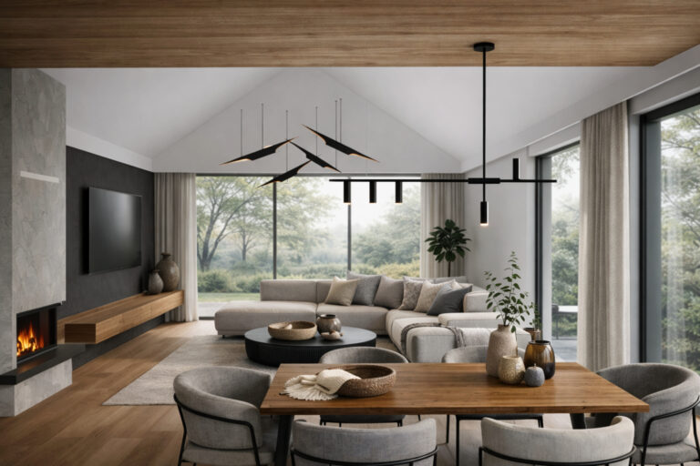 Projekt wnętrz nowoczesnego salonu w odcieniach czerni i szarości z dodatkami drewna