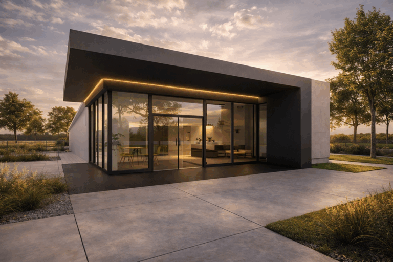 Nowoczesna rozbudowa budynku biurowego firmy Bromargo w Margoninie – przeszklona strefa wejściowa, minimalistyczna forma architektoniczna i funkcjonalne rozwiązania, projekt budynku biurowego