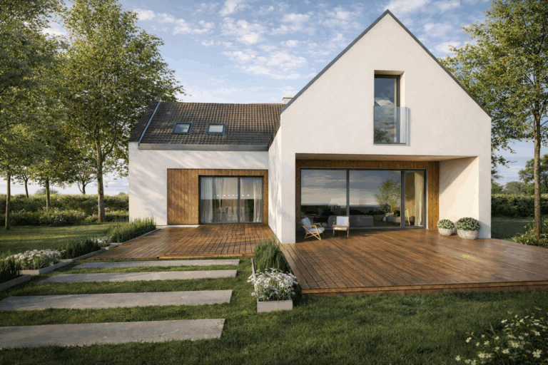 Nowoczesny projekt domu jednorodzinnego w okolicach Poznania z dużymi przeszkleniami, drewnianym tarasem i elewacją łączącą biel z naturalnym drewnem, harmonijnie wpisany w zielone otoczenie.