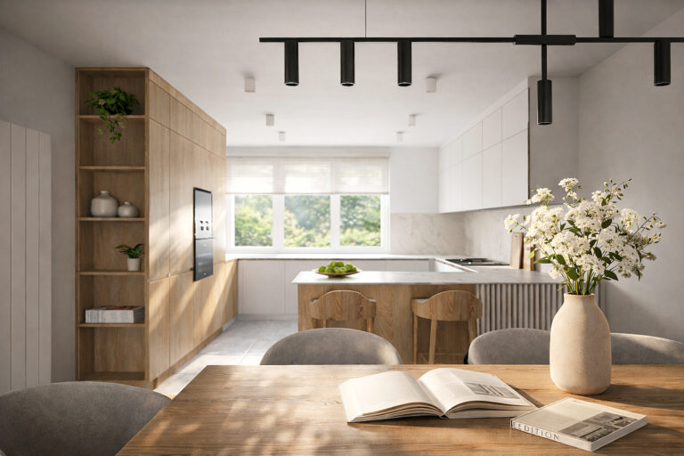 Projektowanie wnętrz mieszkania w stylu nowoczesnym – jasne beże i drewno, Śrem