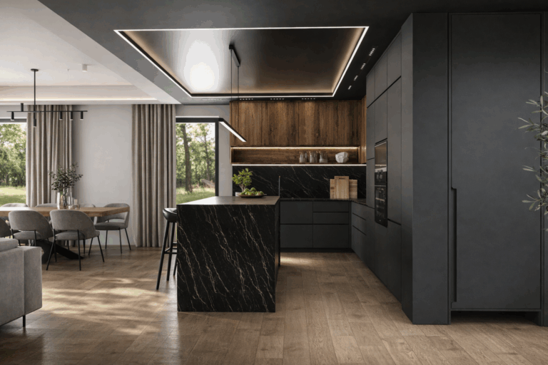 Nowoczesna kuchnia z czarną zabudową, kamienną wyspą i drewnianymi akcentami w mieszkaniu Nero